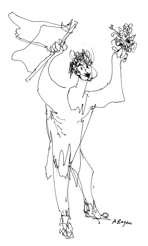 a drawing of a partisan holding weapon in one hand and flowers in the other one